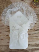 Yenidoğan Sahra Taç Benim Prensesim Nakışlı Kundak Bebek Battaniyesi Ekru - 1