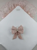 Sahra Taç Nakışlı İnci Ve Dantel Fiyonklu Çift Dantel Duvaklı Trilüks Kundak Bebek Battaniyesi Gül Kurusu thumbnail 3