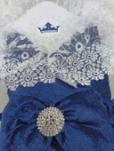 Yenidoğan Saray Kadife Taç Nakışlı İnci Fiyonklu Dantel Duvak Trilüks Kundak Bebek Battaniye Lacivert - 4