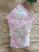 Yenidoğan Grand Lüks Kelebek Ağır Güpür İşlemeli Şapkalı Bebek Battaniyesi Kundak Pembe - 1