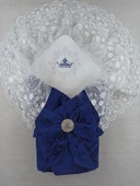 Yenidoğan Saray Kadife Taç Nakışlı İnci Fiyonklu Çift Dantel Duvak Trilüks Kundak Bebek Battaniyesi Lacivert - 1