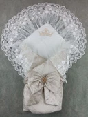 Yenidoğan Saray Kadife Taç Nakışlı İnci Fiyonklu Çift Dantel Duvak Trilüks Kundak Bebek Battaniyesi Vizon-ekru thumbnail 1