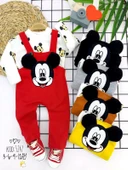 3-6-9-12 Ay Mickey Figürlü Uzun Kollu Baskılı Sweatli 2li Kız Erkek Bebek Salopet Takımı Kırmızı - 1