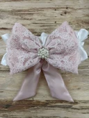 Sahra Taç Nakışlı İnci Ve Dantel Fiyonklu Çift Dantel Duvaklı Trilüks Kundak Bebek Battaniyesi Gül Kurusu thumbnail 7