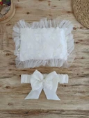 Yenidoğan İzmir İncisi Tül İşlemeli Pamuklu Fiyonklu Kundaklı Lüks 3lü Alt Açma Seti Ekru - 6