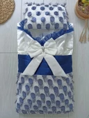 Yenidoğan İzmir İncisi Tül İşlemeli Pamuklu Fiyonklu Kundaklı Lüks 3lü Alt Açma Seti Lacivert - 1