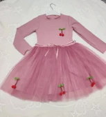 5-6-7 Yaş Kiraz Desenli Kurdela Kuşaklı Astarlı Uzun Kollu Kız Çocuk Tütü Elbise Gül Kurusu - 5