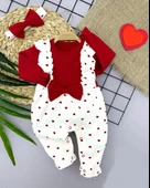 3-6-9-12 Ay Bandanalı Fiyonk Detaylı Salopet Görünümlü Kalp Desenli 2li Kız Bebek Tulumu Kırmızı - 1