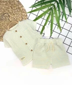 9-12-18-24 Ay Düğme Detaylı Çizgili Müslin Kumaş Yazlık 2li Erkek Bebek Takımı - 1