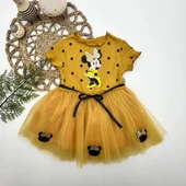 2-3-4 Yaş Puantiyeli Mickey Baskılı Kurdela Kuşaklı Astarlı Kız Bebek Tütü Elbisesi Hardal - 1