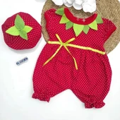 3-6-9 Ay Çilek Bebekler Penye Kumaş Kısa Kollu Kız Erkek Bebek Tulumu Kırmızı - 2