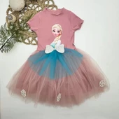 5-6-7 Yaş Elsa Desenli Fiyonklu Tül Etekli Astarlı Kısa Kollu Kız Çocuk Tütü Elbise Gül Kurusu - 1
