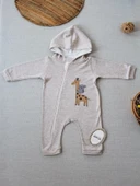 6-9 9-12 Ay Ef Çizgi Boy Fermuarlı Zürafa Nakışlı Kapşonlu Kız Erkek Bebek Tulumu Kahvemelanj - 1