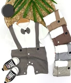 3-6-9-12 Ay Papyon Detaylı Çizgili Salopet Görünümlü Erkek Bebek Tulumu - 1