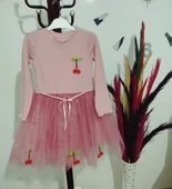 5-6-7 Yaş Kiraz Desenli Kurdela Kuşaklı Astarlı Uzun Kollu Kız Çocuk Tütü Elbise Gül Kurusu - 4