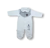 3-6 6-9 Ay Deniz Feneri Nakışlı Patikli Uzun Kollu Erkek Bebek Tulumu Ekru - 1