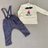 9-12-18 Ay Papyonlu Sweat Kot Pantolon 2li Erkek Bebek Salopet Takımı Lacivert - 1