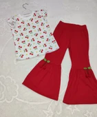 1-2-3-4 Yaş Kiraz Baskılı Tişört İspanyol Paçalı Likralı 2li Kız Çocuk Takımı Kırmızı thumbnail 1