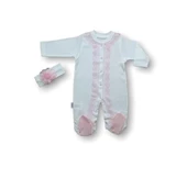 3-6 6-9 Ay Dantelli Boydan Çıtçıtlı Bandanalı Patikli Uzun Kollu Kız Bebek Tulumu Ekru - 1