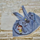 1-2-3 Yaş Bayan Arı Nakışlı Kot Desenli Etek Pamuklu Kumaş 2li Kız Bebek Salopet Takımı Mavi - 2