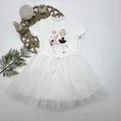 5-6-7 Yaş Flamingo Balerin Kız Baskılı Kurdela Kuşaklı Astarlı Kız Çocuk Tütü Elbise Beyaz - 1