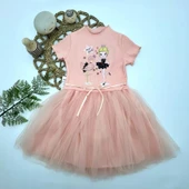 5-6-7 Yaş Flamingo Balerin Kız Baskılı Kurdela Kuşaklı Astarlı Kız Çocuk Tütü Elbise Somon - 1