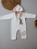 6-9 9-12 Ay Ef Çizgi Boy Fermuarlı Zürafa Nakışlı Kapşonlu Kız Erkek Bebek Tulumu Ekru - 2