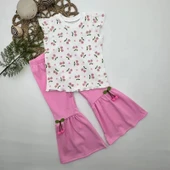 1-2-3-4 Yaş Kiraz Baskılı Tişört İspanyol Paçalı Likralı 2li Kız Çocuk Takımı Pembe thumbnail 5