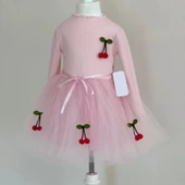 5-6-7 Yaş Kiraz Desenli Kurdela Kuşaklı Astarlı Uzun Kollu Kız Çocuk Tütü Elbise Pembe - 1