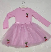 5-6-7 Yaş Kiraz Desenli Kurdela Kuşaklı Astarlı Uzun Kollu Kız Çocuk Tütü Elbise Pembe - 2