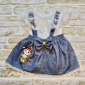 1-2-3 Yaş Bayan Arı Nakışlı Kot Desenli Etek Pamuklu Kumaş 2li Kız Bebek Salopet Takımı Lacivert - 2