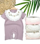 3-6-9-12 Ay Bebe Yaka Çiçek Nakışlı Pamuklu Petek Penye Yazlık Kız Bebek Tulumu - 1