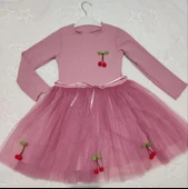 5-6-7 Yaş Kiraz Desenli Kurdela Kuşaklı Astarlı Uzun Kollu Kız Çocuk Tütü Elbise Gül Kurusu - 1