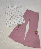 1-2-3-4 Yaş Kiraz Baskılı Tişört İspanyol Paçalı Likralı 2li Kız Çocuk Takımı Gül Kurusu thumbnail 1