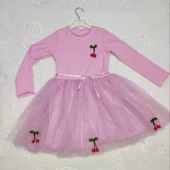 5-6-7 Yaş Kiraz Desenli Kurdela Kuşaklı Astarlı Uzun Kollu Kız Çocuk Tütü Elbise Pembe - 3