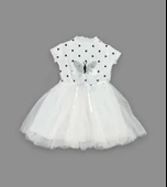 5-6-7 Yaş Payetli Kelebek Desenli Puantiyeli Kız Çocuk Elbisesi Beyaz - 1