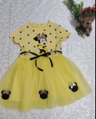 2-3-4 Yaş Puantiyeli Mickey Baskılı Kurdela Kuşaklı Astarlı Kız Bebek Tütü Elbisesi Sarı - 3