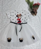 2-3-4 Yaş Puantiyeli Mickey Baskılı Kurdela Kuşaklı Astarlı Kız Bebek Tütü Elbisesi Beyaz - 3