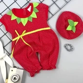 3-6-9 Ay Çilek Bebekler Penye Kumaş Kısa Kollu Kız Erkek Bebek Tulumu Kırmızı - 1