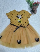 2-3-4 Yaş Puantiyeli Mickey Baskılı Kurdela Kuşaklı Astarlı Kız Bebek Tütü Elbisesi Hardal - 3