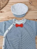 0-3 3-6 Ay Papyonlu Çizgi Desen Çıtçıt Kapama Kasketli Erkek Bebek Tulumu Lacivert - 3