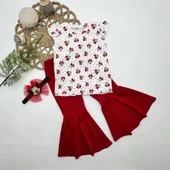 1-2-3-4 Yaş Mickey Baskılı Bandanalı Tişört İspanyol Paçalı Likralı 3lü Kız Çocuk Takımı Kırmızı thumbnail 1