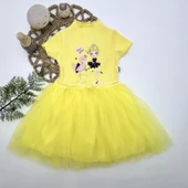 5-6-7 Yaş Flamingo Balerin Kız Baskılı Kurdela Kuşaklı Astarlı Kız Çocuk Tütü Elbise Sarı - 1