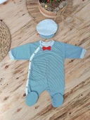 0-3 3-6 Ay Papyonlu Çizgi Desen Çıtçıt Kapama Kasketli Erkek Bebek Tulumu Lacivert - 1