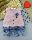 6-9-12-18 Ay Gül Rozet Detaylı Kot Kilotlu Etek Kız Bebek Elbisesi Gül Kurusu - 1