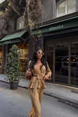 SATEN KRUVAZE BAĞLAMALI BLUZ- PANTOLON TAKIM - Bej - 2
