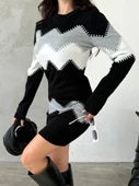 Kadın Uzun Kollu Zigzag Desen Triko Elbise - 7