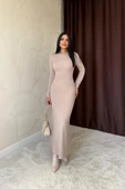 Bej Vücudu Saran Uzun Elbise - 4