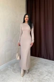 Bej Vücudu Saran Uzun Elbise - 1