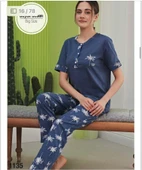 Miss Klein Kadın Büyük Beden Düğme Yaka Pamuklu Likralı Kısa Kol Pijama Takımı 1135 - 1 Adet  İndigo 3XL - 2